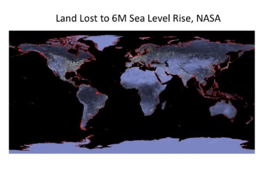 赤い部分は、6メートル海面が上昇すると消滅してしまう地域。ジェフリー氏の講演資料から