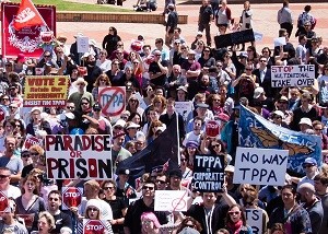 全国各地で何回にもわたって行われたTPPに反対するデモ。首都ウェリントンでの様子© Nell Ballantyne